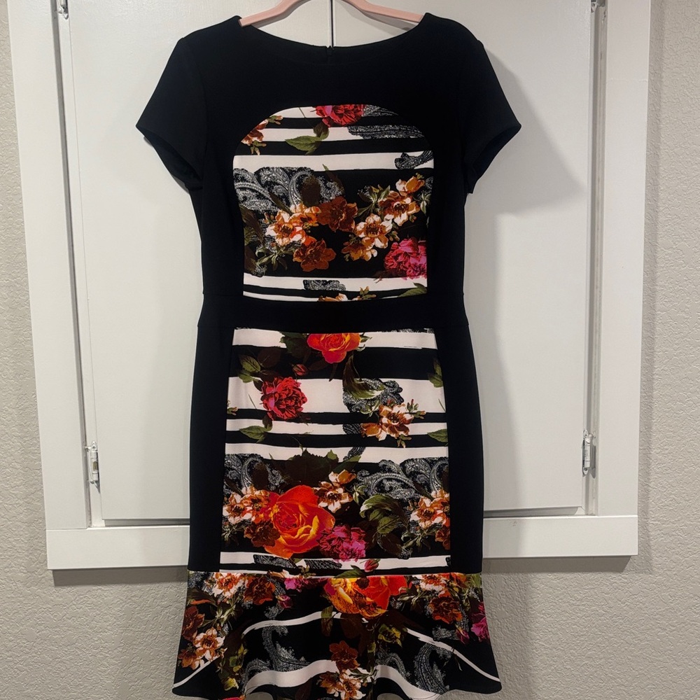 Joseph Ribkoff Black Floral Striped Midi Dress